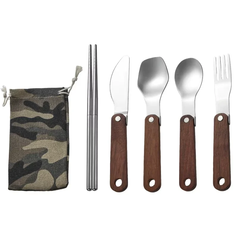 Camping Utensil Set: Knife, Fork, Spoon, Chopsticks with Camouflage Pouch