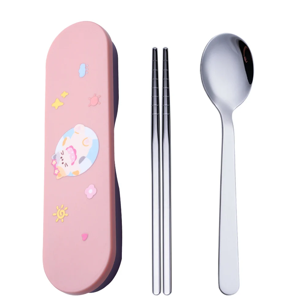 Kids' Cartoon Stainless Steel Spoon & Chopsticks with Travel Box