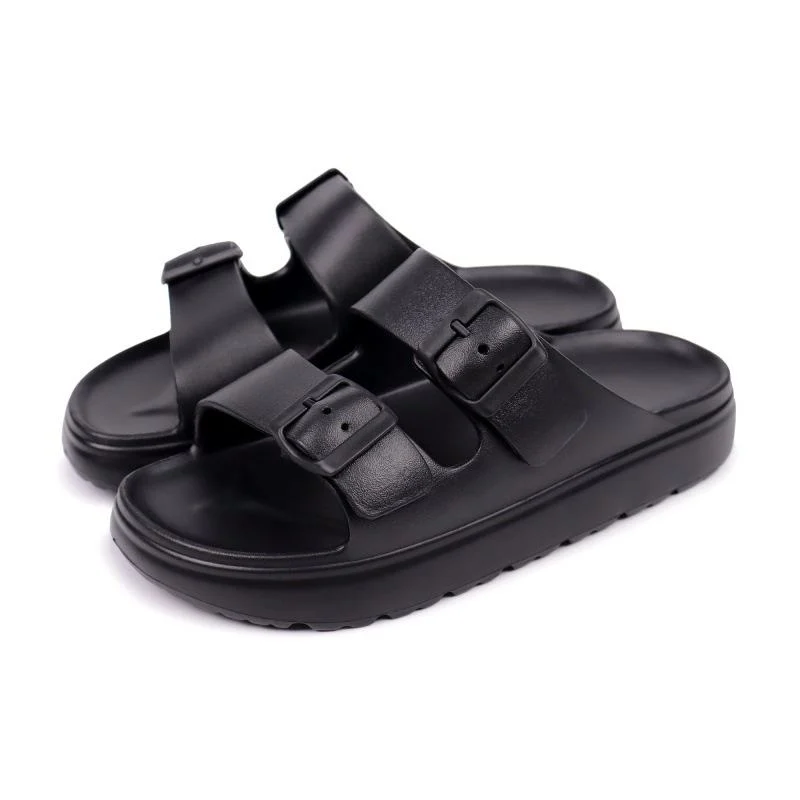 Black Women Slides Double Buckle Sandals China Wholesale Custom OEM Supplier