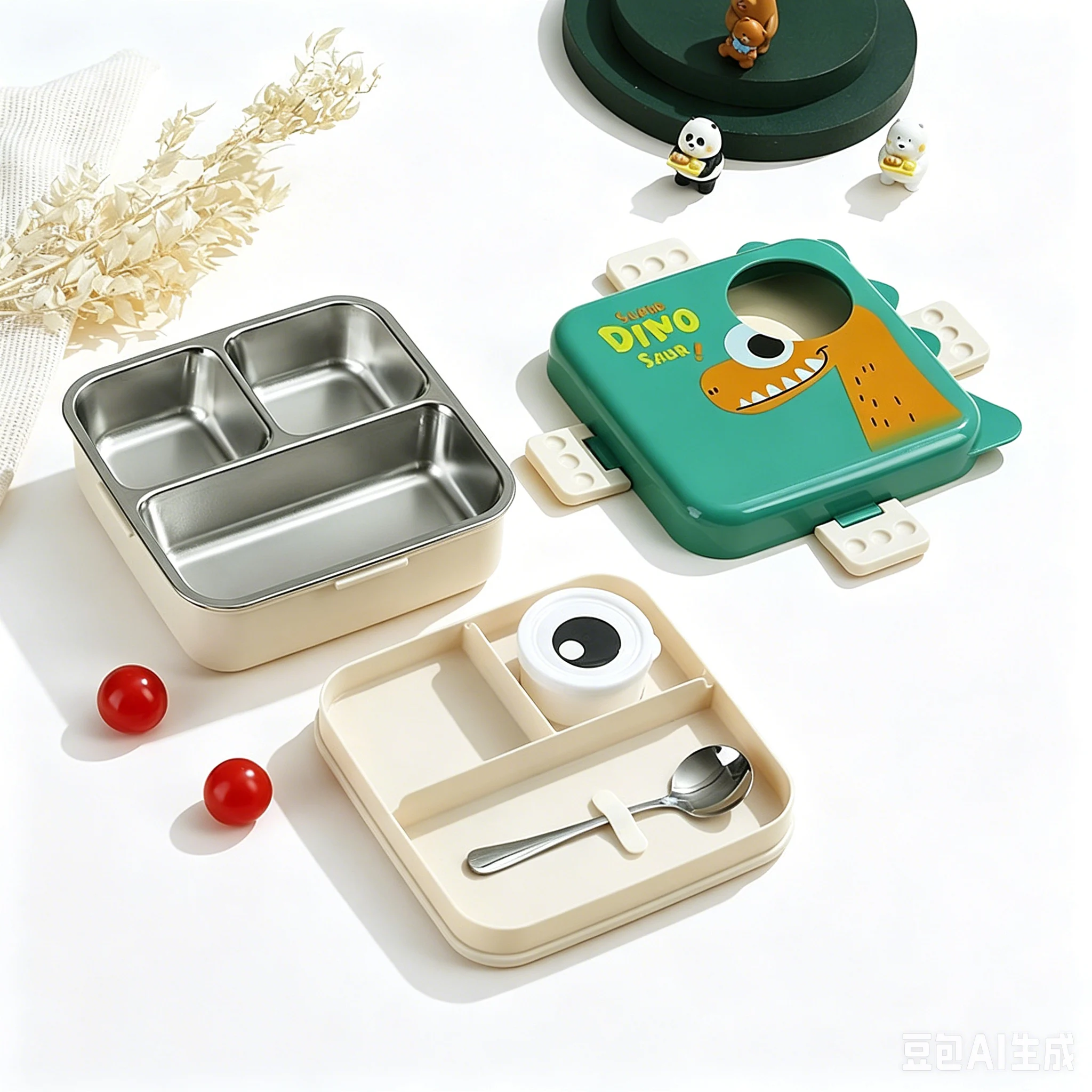 China Manufacturer Cartoon 3 Compartment 304 Stainless Steel Kids Lunch Box Wholesale 1120ml+70ml