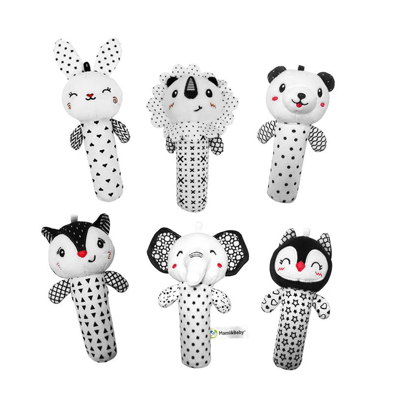 China Factory Wholesale OEM Black White Animal Musical Baby Rattle Plush Toy