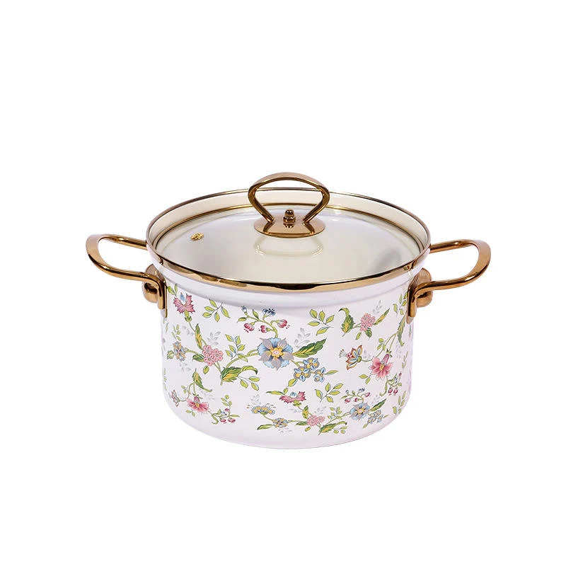 China Supplier Floral Enamel Stock Pot With Glass Lid