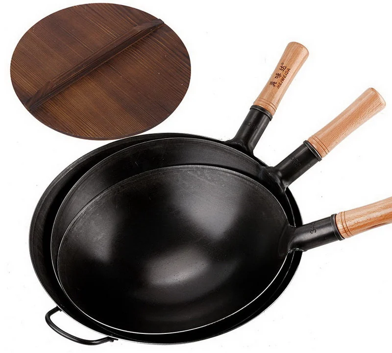 China Supplier Multi Size Carbon Steel Wok With Wooden Lid Wholesale OEM Custom