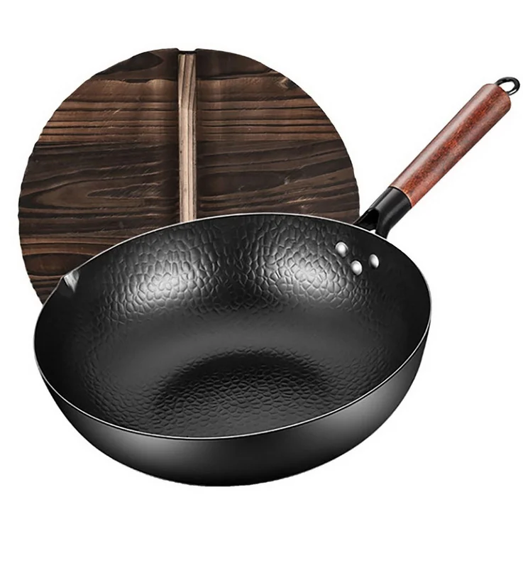 China Supplier Hammered Carbon Steel Wok With Wooden Lid Wholesale OEM Custom