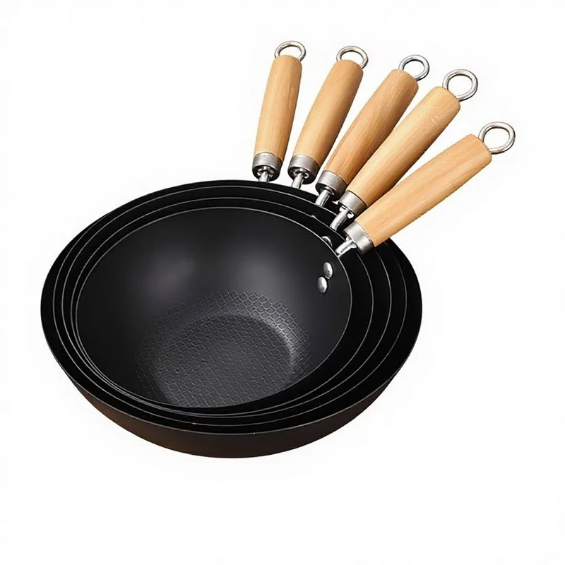 China Supplier Multi Size Honeycomb Carbon Steel Wok With Bamboo Handle Wholesale OEM Custom