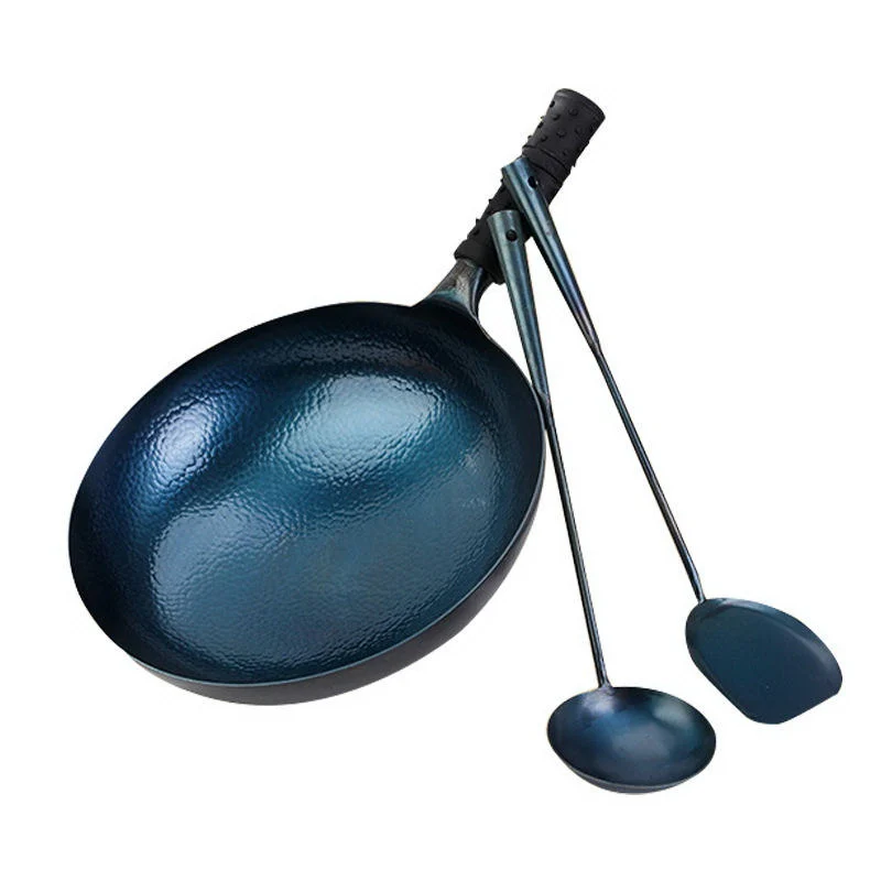 China Supplier Hand Hammered Blue Zhangqiu Iron Wok With Spatula Set Wholesale OEM Custom