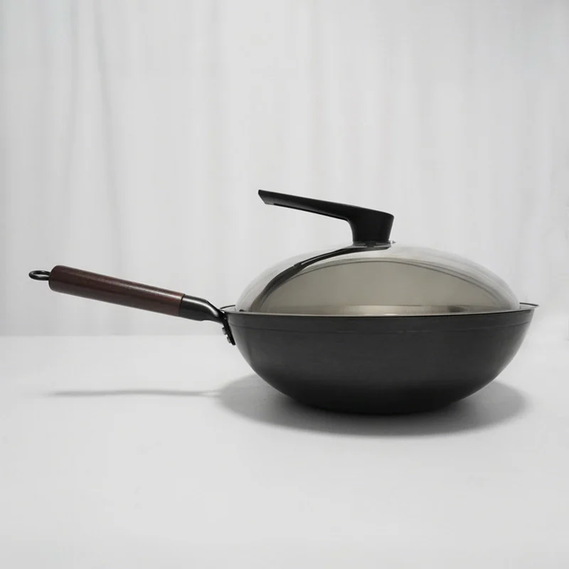 China Supplier Uncoated Carbon Steel Wok With Glass Lid Wholesale OEM Custom