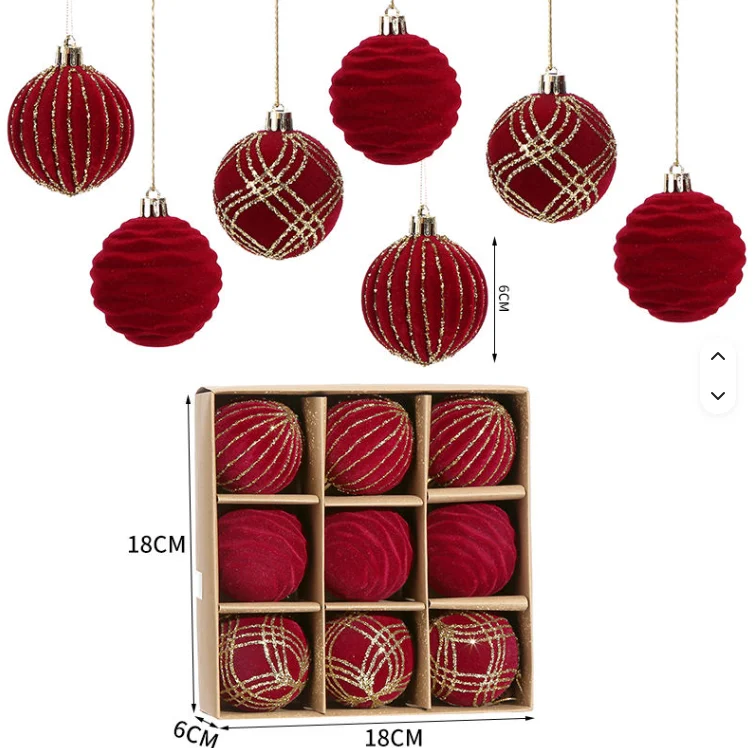 China Manufacturer Wholesale 9Pcs 6cm Velvet Red Christmas Balls Custom OEM Xmas Tree Ornaments Exporter