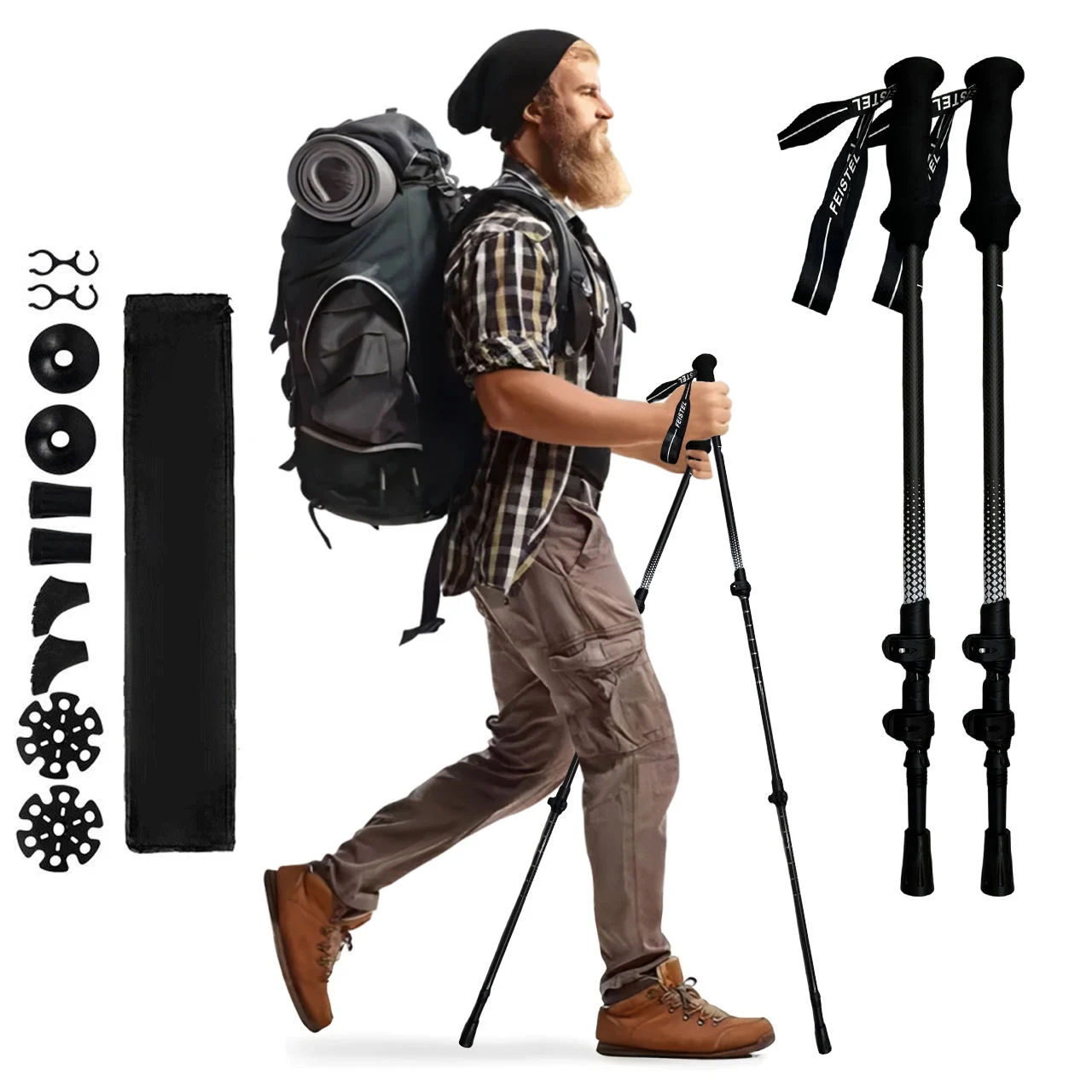 Wholesale Ultralight 3K Carbon Fiber Trekking Poles, 3-Section Adjustable Hiking Sticks