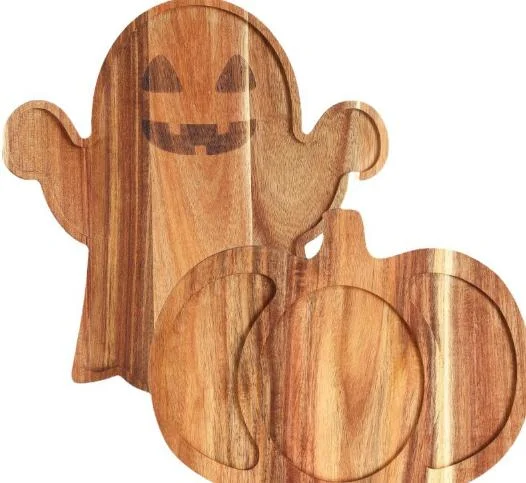 China Supplier Wholesale Halloween Ghost Pumpkin Acacia Wood Tray Custom OEM Party Snack Wooden Plate