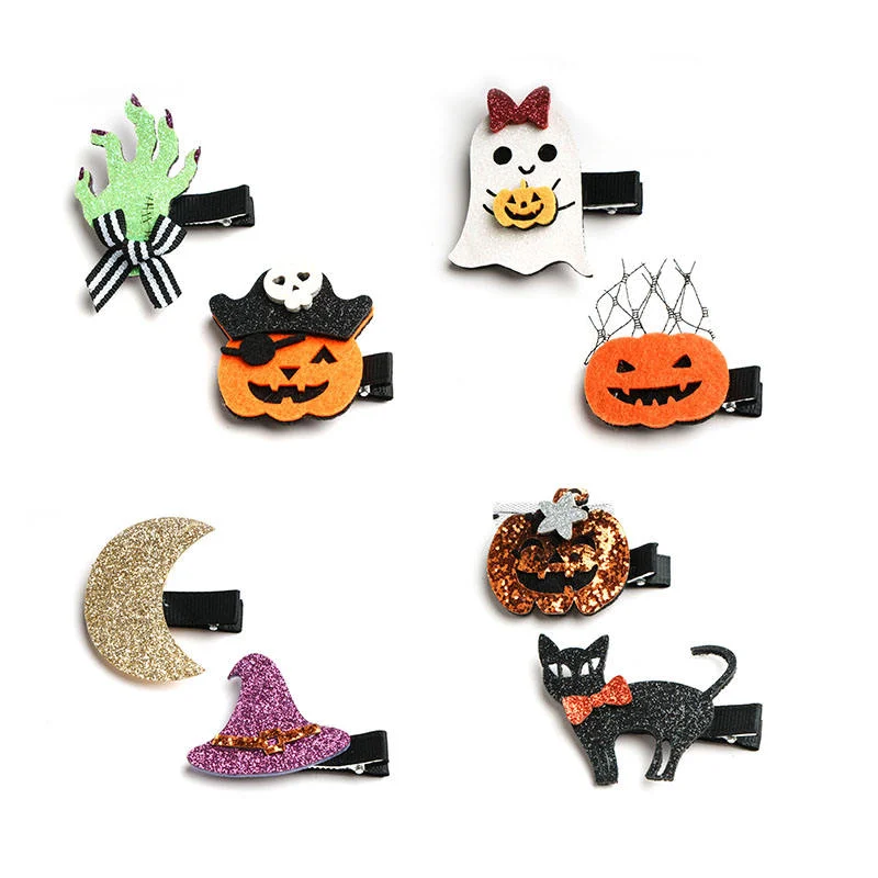 China Wholesale Kids Felt Glitter Halloween Hair Clips Pumpkin Ghost Witch Hair Accessories Supplier