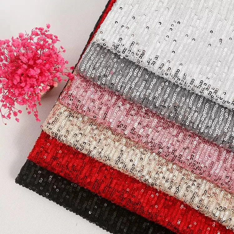 China Wholesale Knitted Polyester Spandex Sequin Embroidered Wedding Dress Fabric Supplier