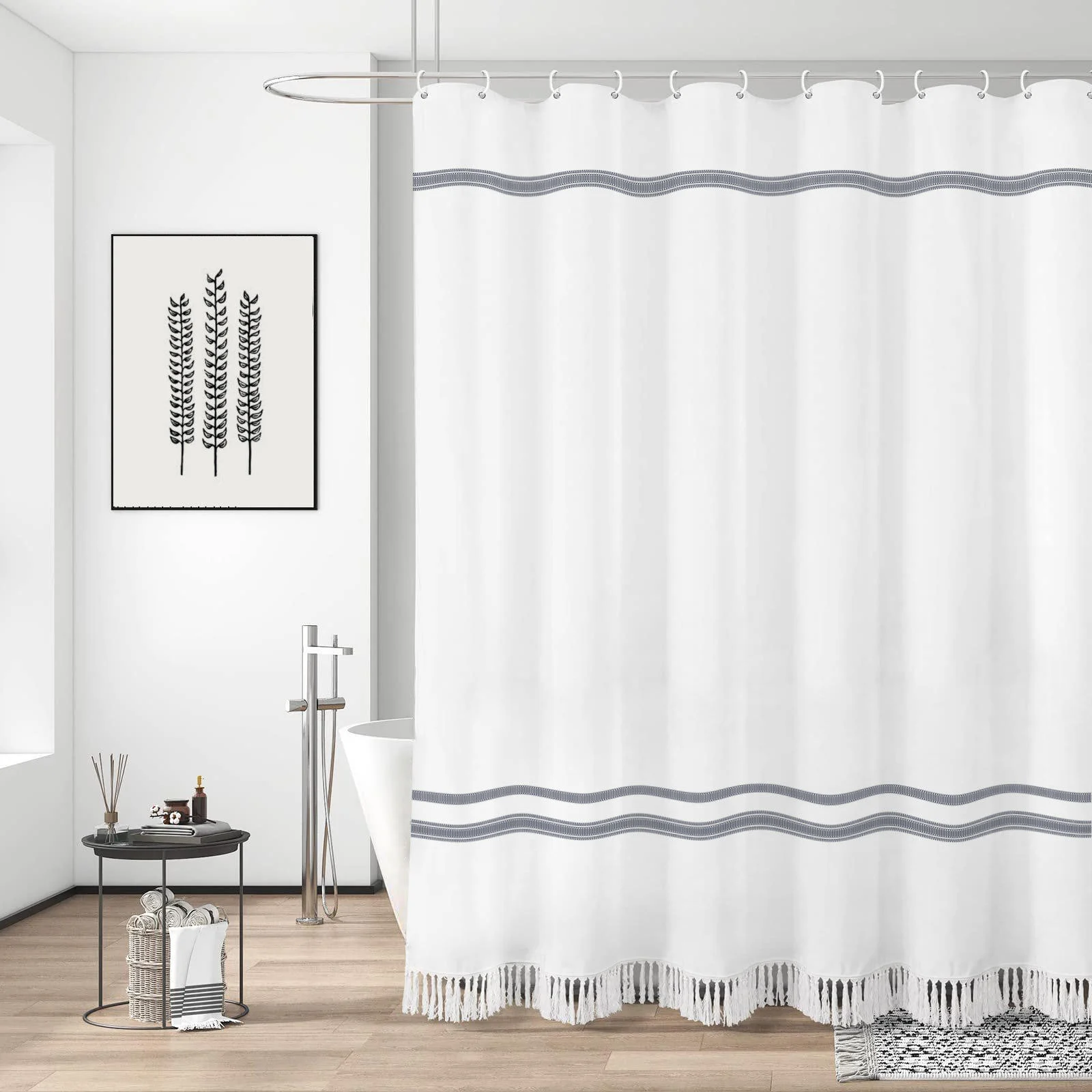 China Manufacturer Provides Wholesale Custom Farmhouse Shower Curtain with Blue Fringe Trims