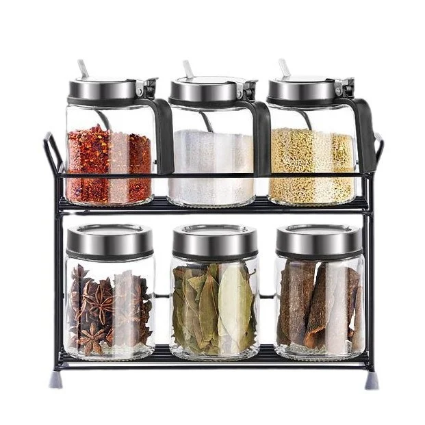 304 Stainless Steel Lid Glass Spice Jar Set With Iron Rack