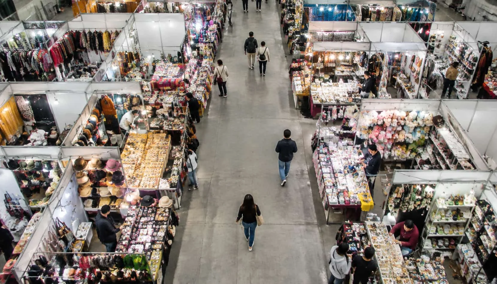 Overhead view of wholesale booths at Yiwu International Trade Market, Zhejiang China