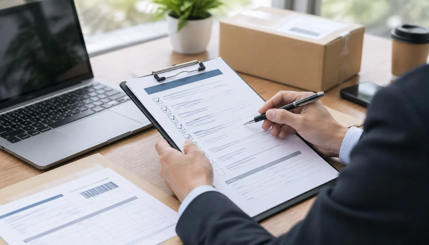 Business person reviewing a supplier verification checklist and shipping documents