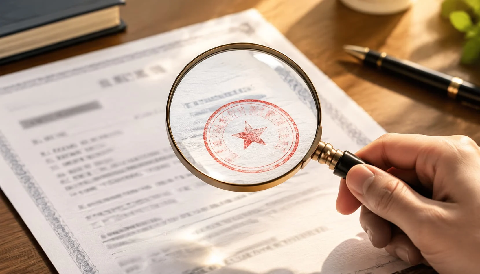 Close-up of a business license document and a magnifying glass symbolizing supplier verification
