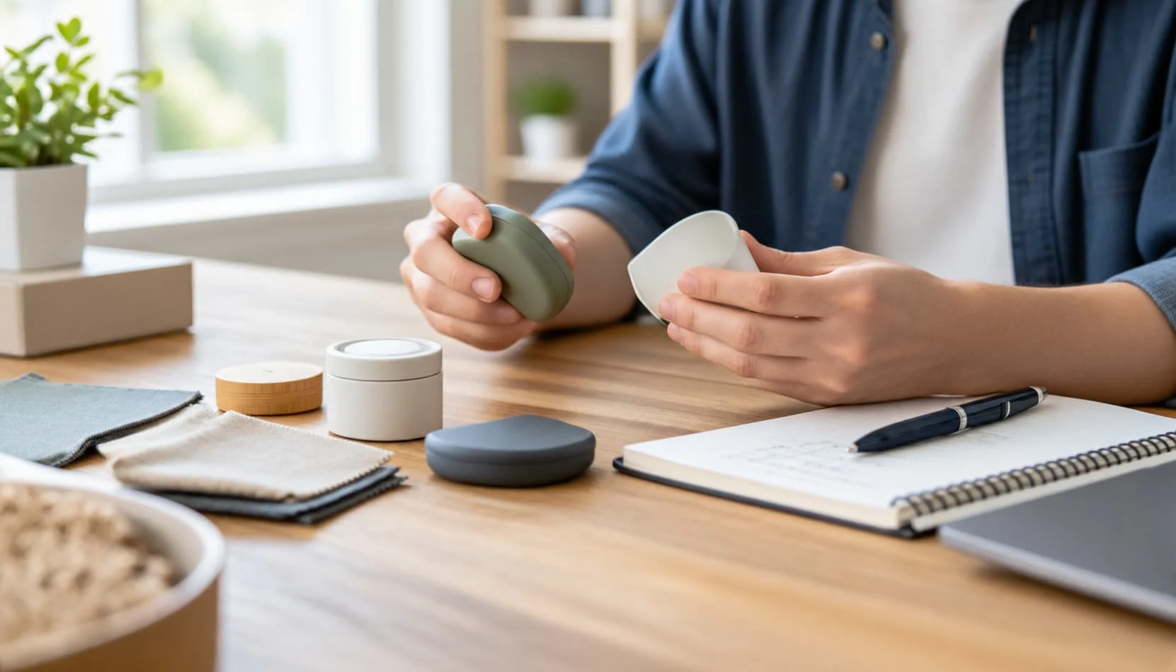 Small business owner reviewing supplier samples and a checklist at a desk