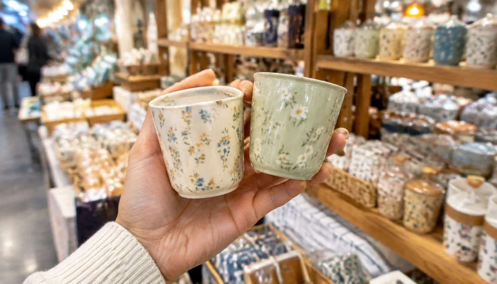 Close-up of a hand comparing product samples at a wholesale market booth