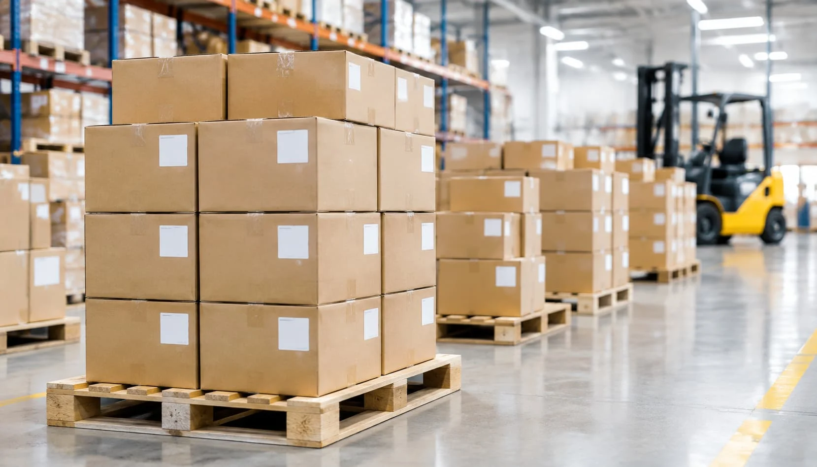 Cardboard shipping cartons being packed and labeled in a warehouse for export