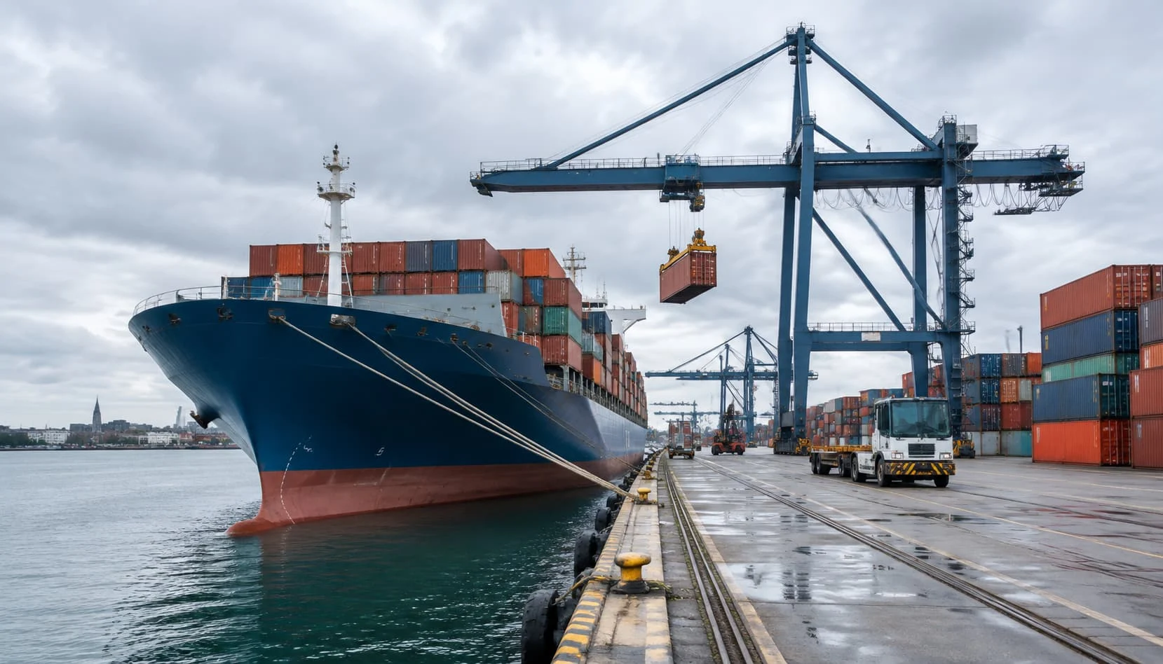 Container ship at a European port with cargo containers