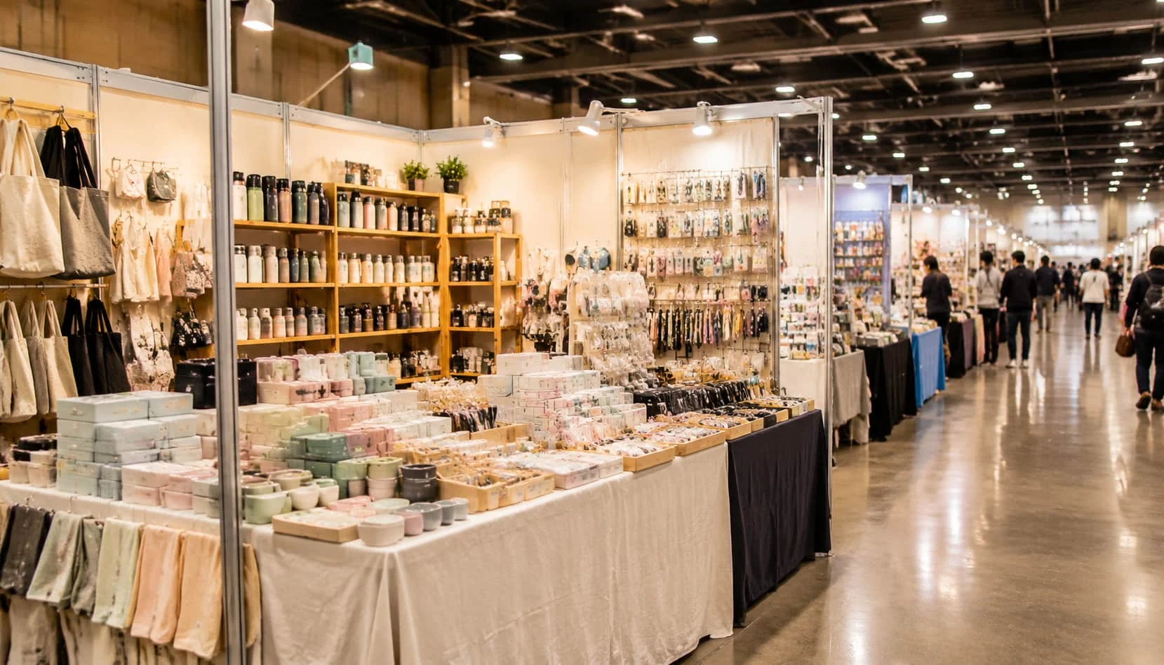 Wholesale vendor booth with stacked product samples in a large indoor market hall