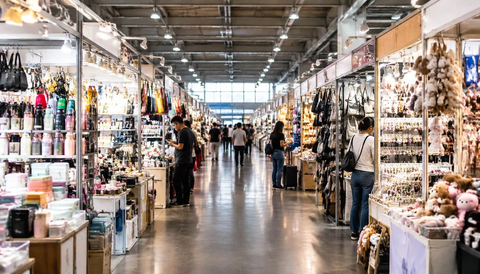 Wide interior view of a wholesale trade market with rows of small product booths, Zhejiang China