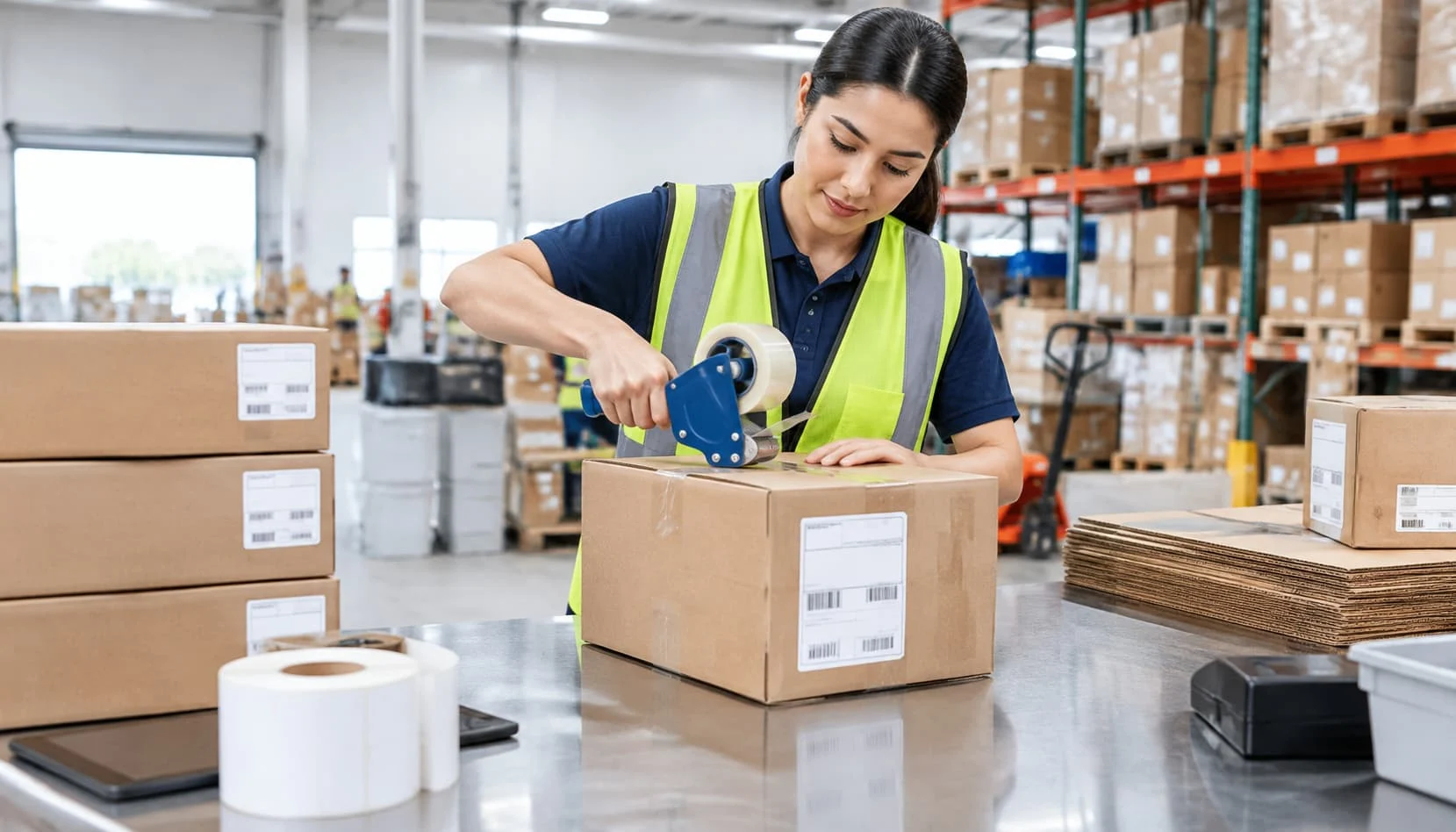 Warehouse worker packing and labeling export cartons for consolidated shipment